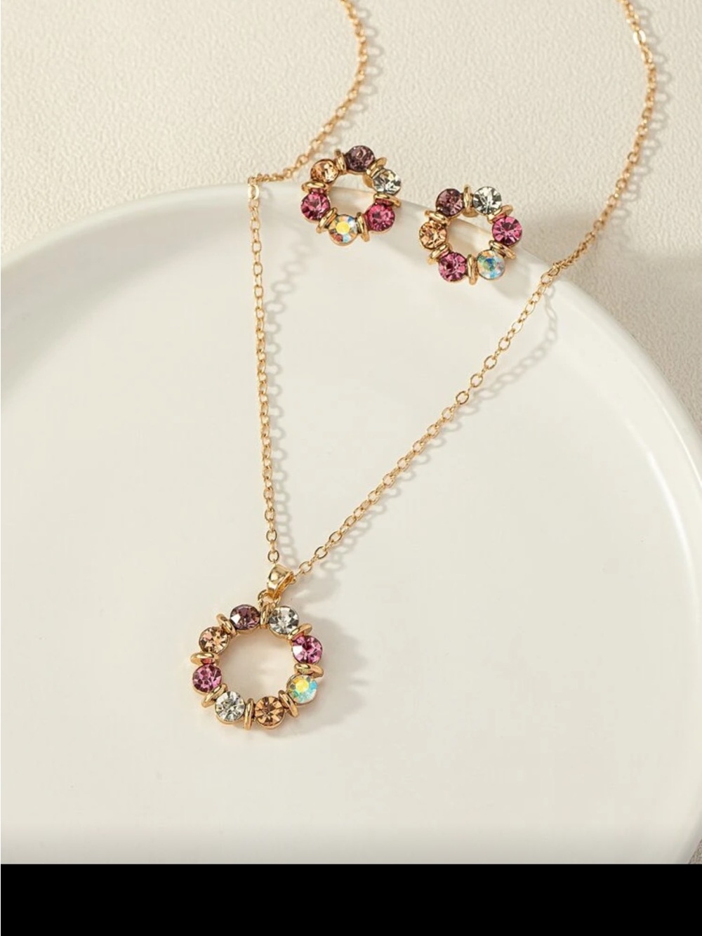 Gold-Tone Pink & Multicolor Crystal Circle Necklace and Earring Set